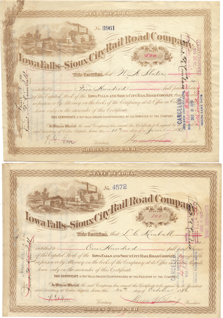 Iowa Falls and Sioux City Rail Road Company (LOT OF 4 PIECES)