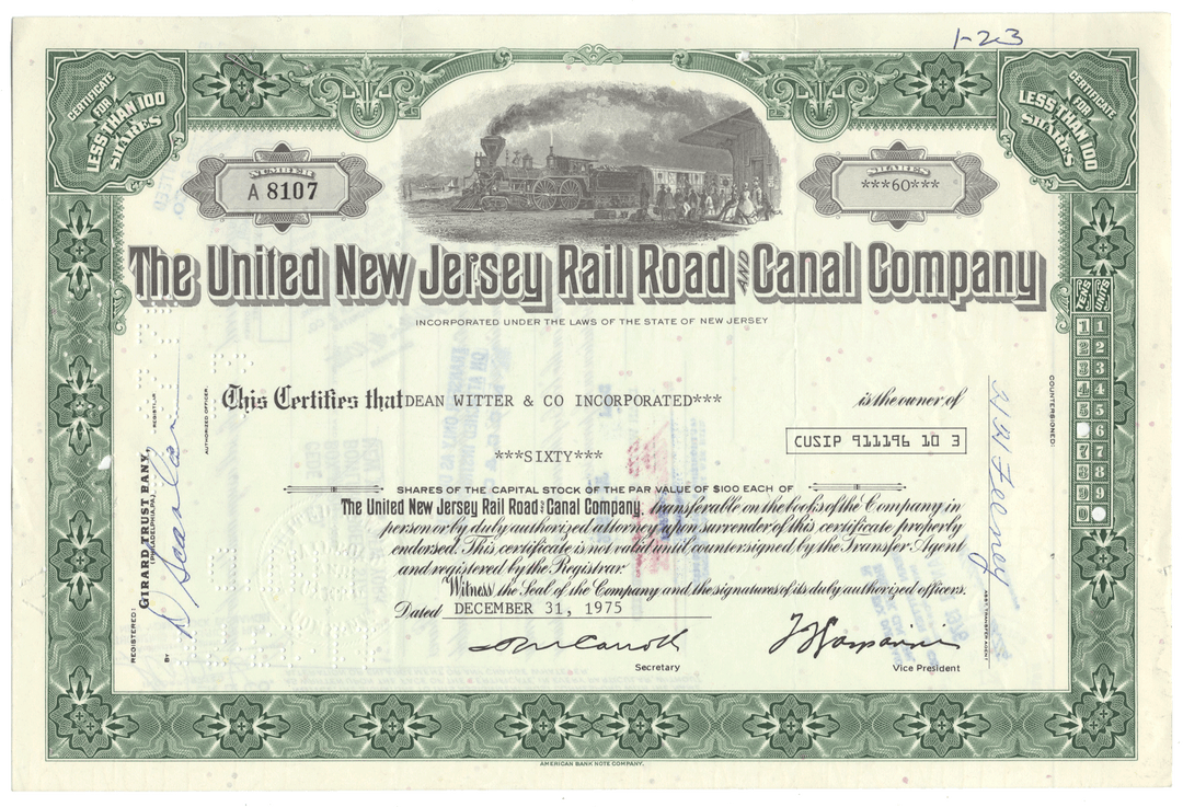 Historical stock certificate of The United New Jersey Rail Road & Canal Company with a green border and steam locomotive illustration.
