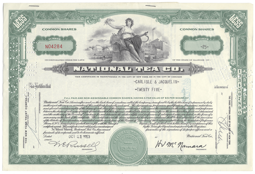 Share certificate from the National Tea Co. with a green border and detailed design.