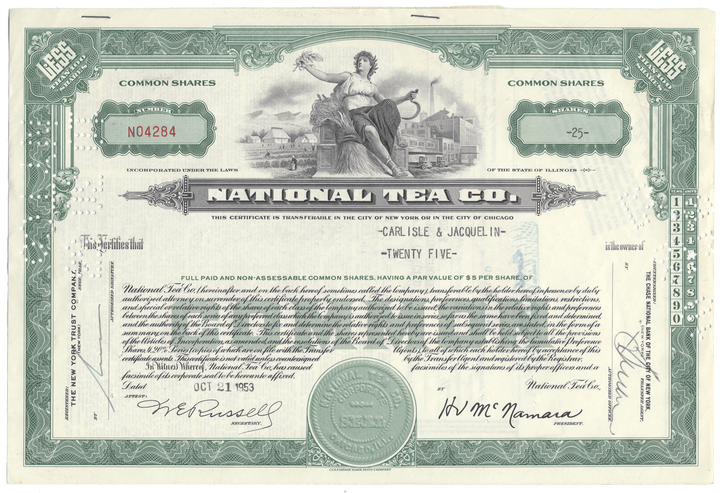 Share certificate from the National Tea Co. with a green border and detailed design.