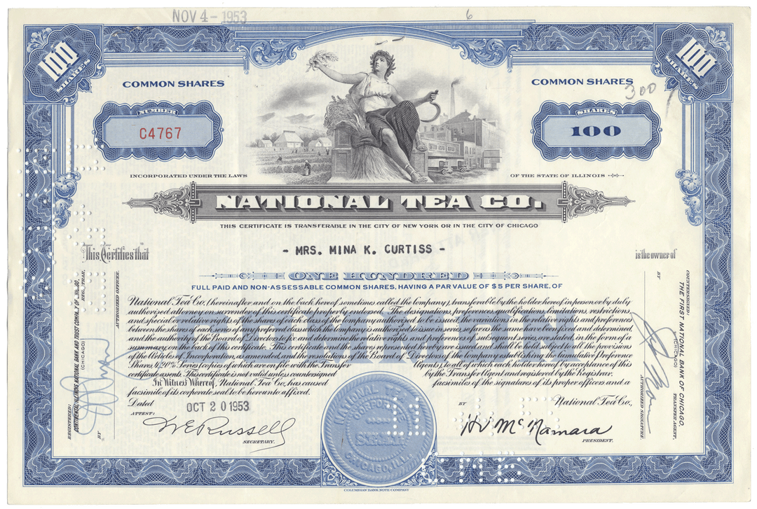Vintage stock certificate of the National Tea Co. with blue and white design.