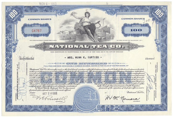 Vintage stock certificate of the National Tea Co. with blue and white design.
