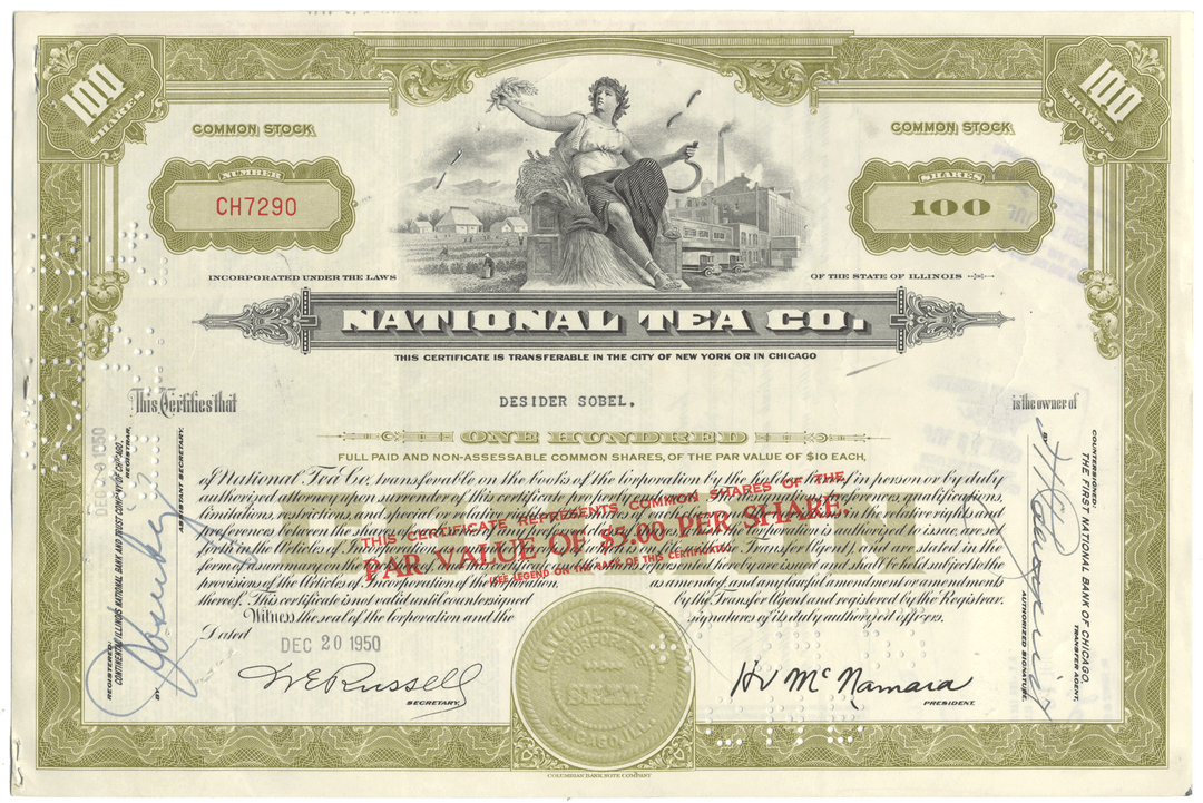 Vintage stock certificate from the National Tea Co. with an olive border and detailed text.