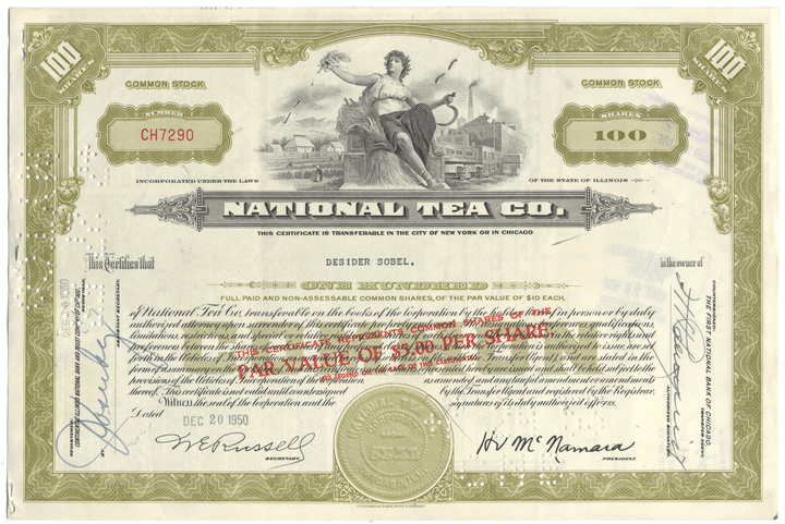 Vintage stock certificate from the National Tea Co. with an olive border and detailed text.