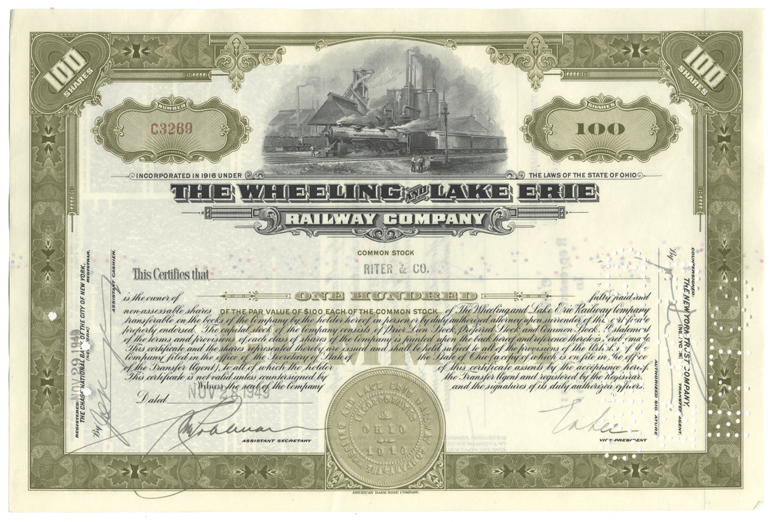 Wheeling and Lake Erie Railway Company Stock Certificate