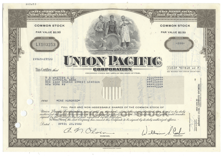 Vintage Union Pacific Corporation stock certificate