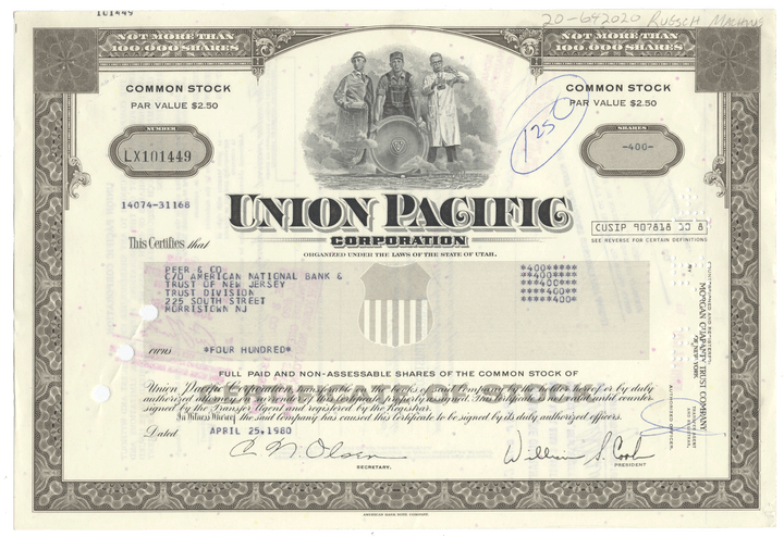 Union Pacific Corporation stock certificate with detailed design and text.