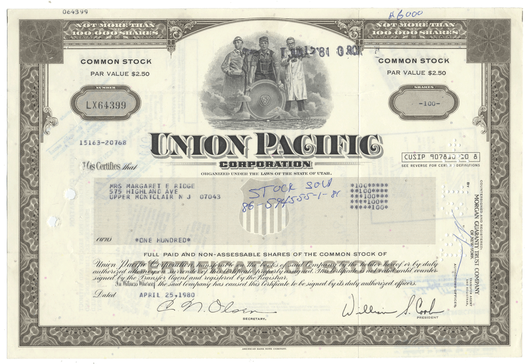 Union Pacific Corporation stock certificate