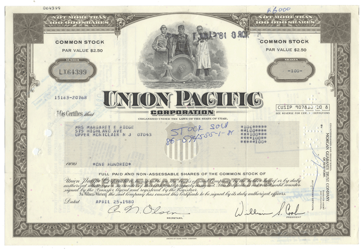 Union Pacific Corporation stock certificate