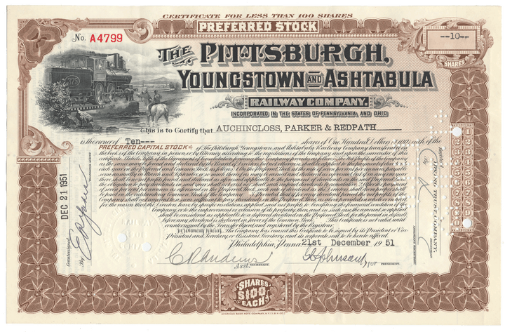Pittsburgh, Youngstown & Ashtabula Railroad Company Stock Certificate