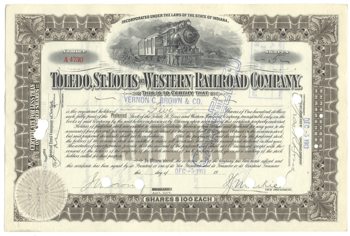 Toledo, St. Louis and Western Railroad Company Stock Certificate