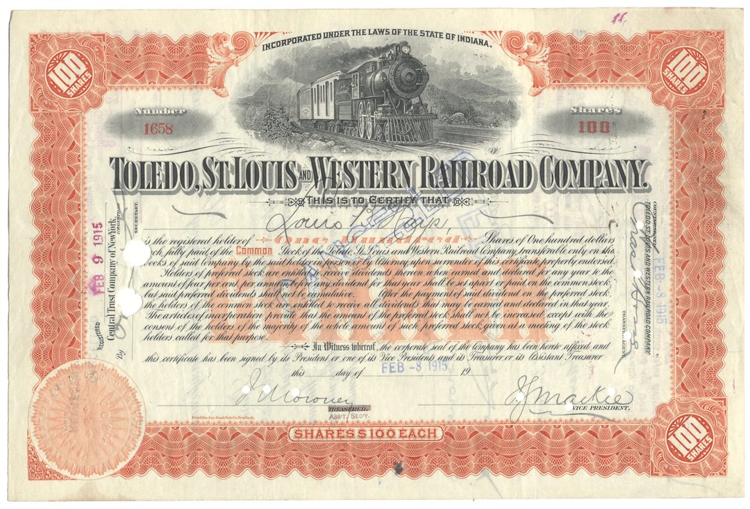 Toledo, St. Louis & Western Railroad Company stock certificate with train illustration