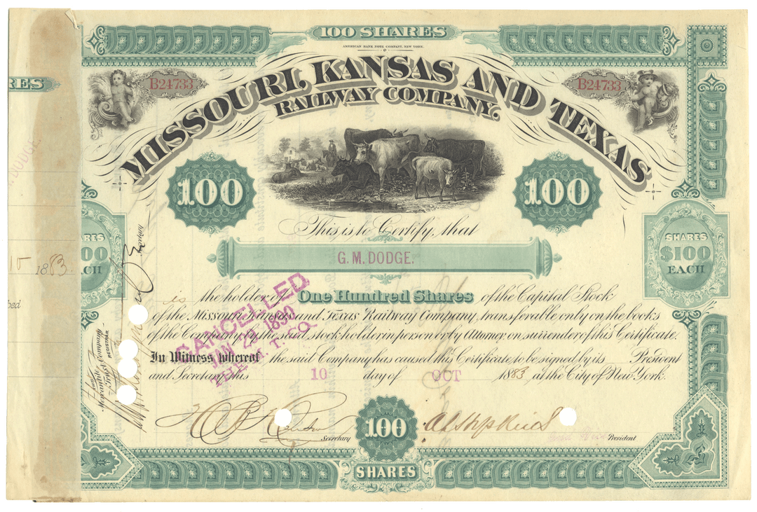 Missouri, Kansas and Texas Railway Company  Stock Certificate Signed by Grenville Dodge