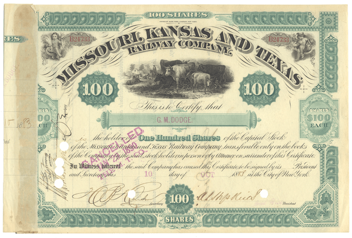 Missouri, Kansas and Texas Railway Company  Stock Certificate Signed by Grenville Dodge