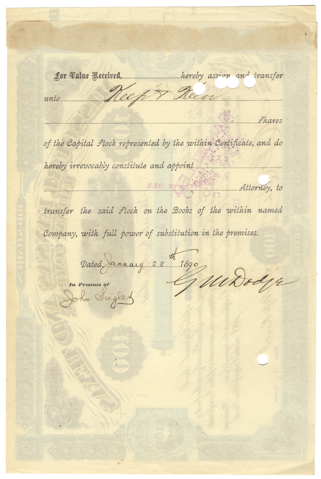 Missouri, Kansas and Texas Railway Company  Stock Certificate Signed by Grenville Dodge