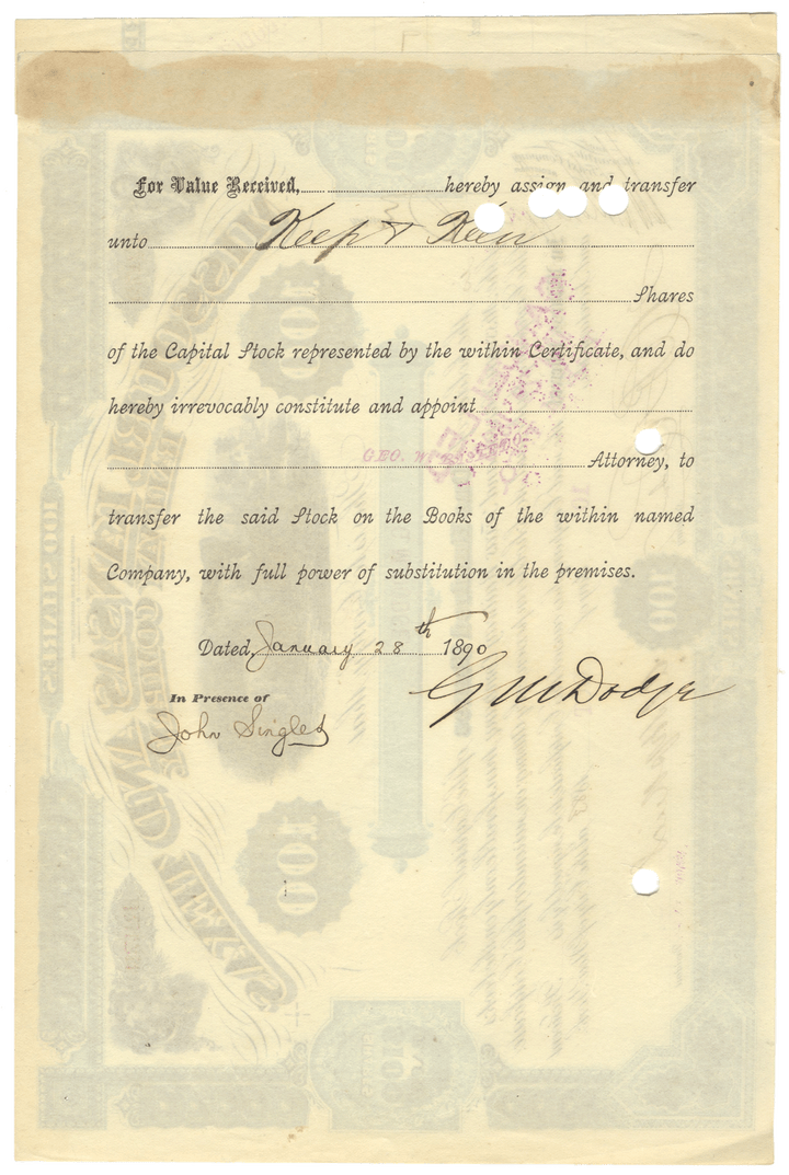 Missouri, Kansas and Texas Railway Company  Stock Certificate Signed by Grenville Dodge