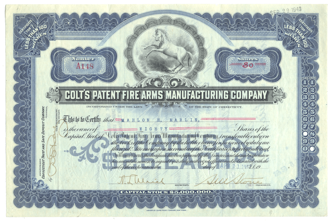 Colt's Patent Fire Arms Manufacturing Company stock certificate with blue and white design.