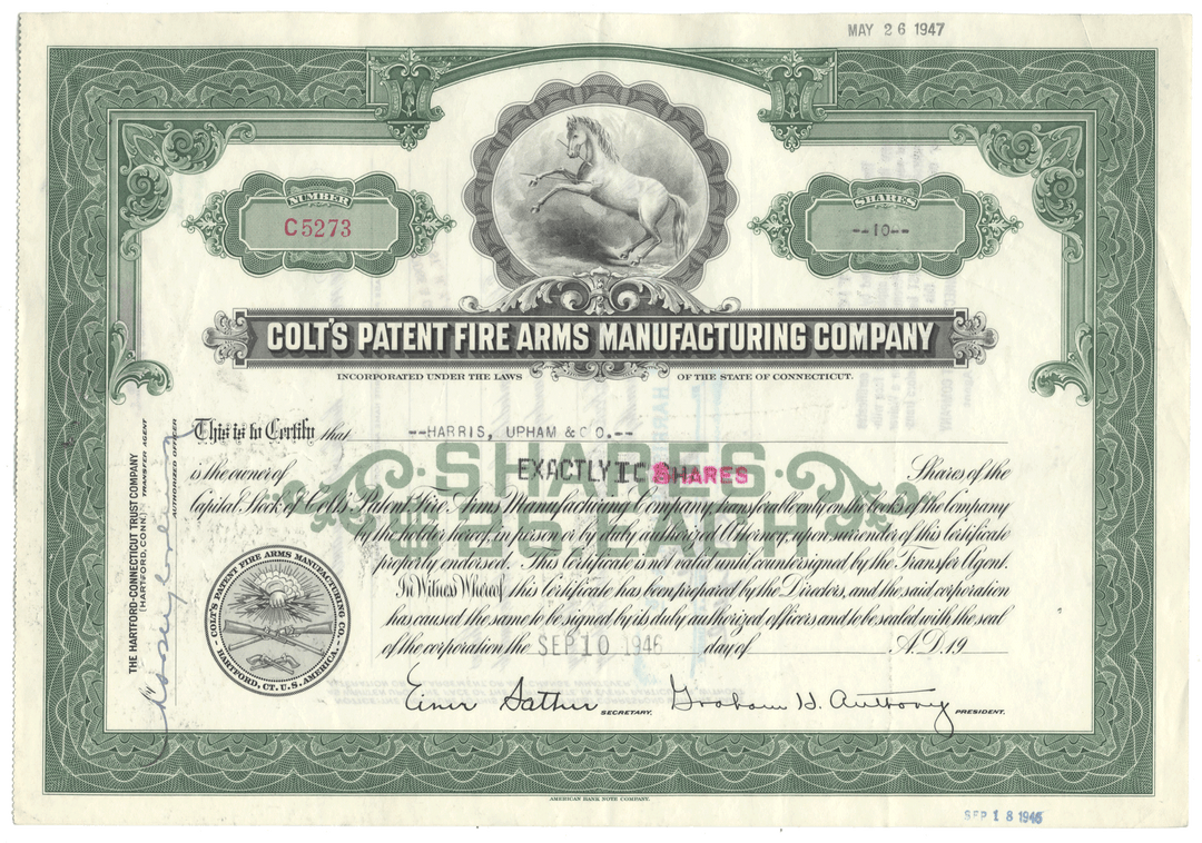 Colt's Patent Fire Arms Manufacturing Company stock certificate with decorative elements.