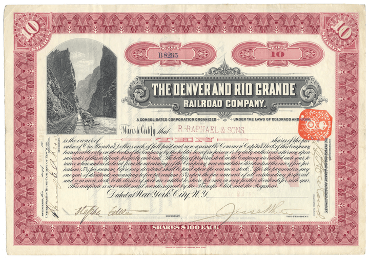 Vintage stock certificate of the Denver and Rio Grande Railroad Company (Royal Gorge)