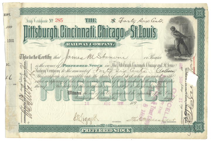 Vintage stock certificate from the Pittsburgh, Cincinnati, Chicago and St. Louis Railway Company