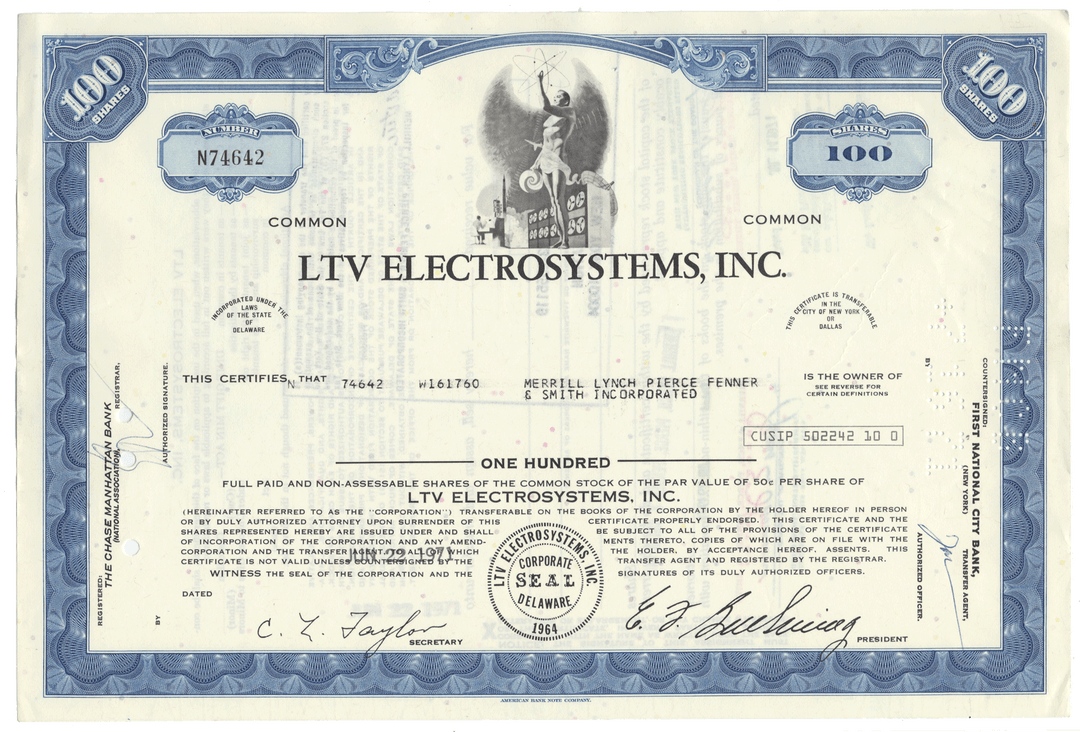LTV Electrosystems, Inc. stock certificate with blue and white design