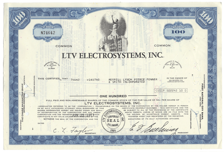 LTV Electrosystems, Inc. stock certificate with blue and white design