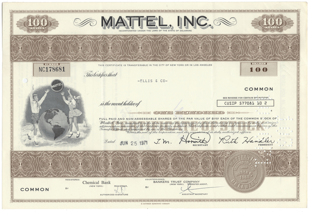Mattel, Inc. Stock Certificate