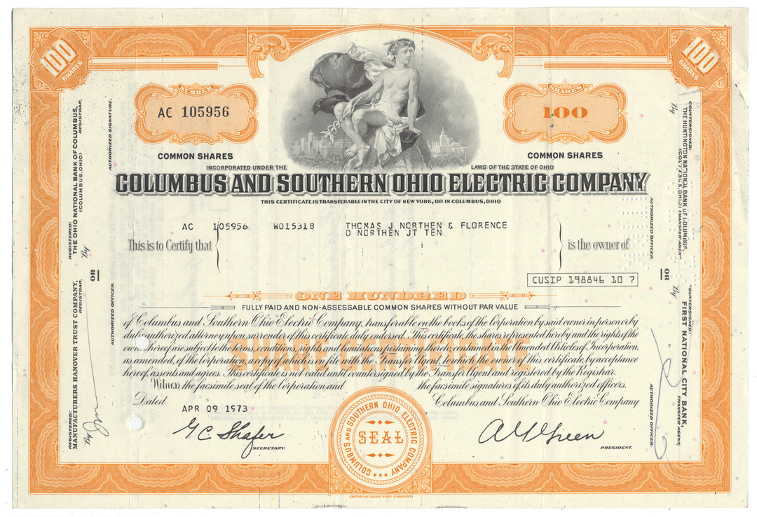 Columbus and Southern Ohio Electric Company stock certificate with decorative elements and text.