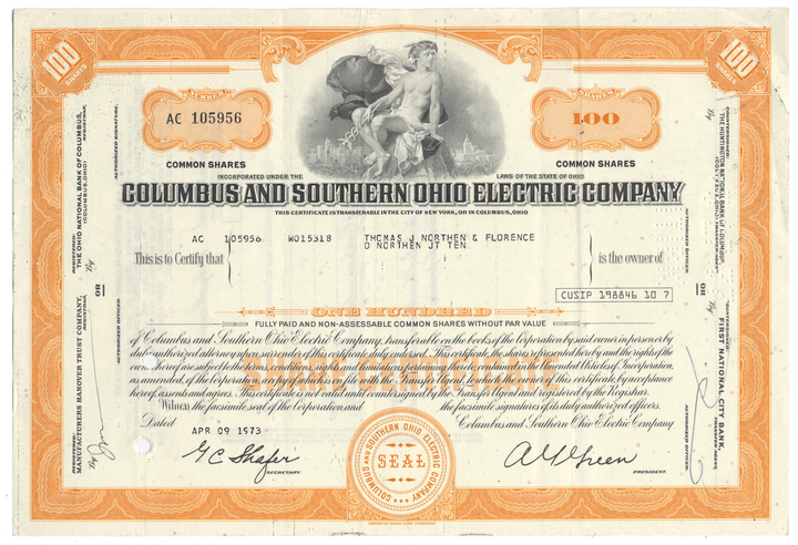Columbus and Southern Ohio Electric Company stock certificate with decorative elements and text.