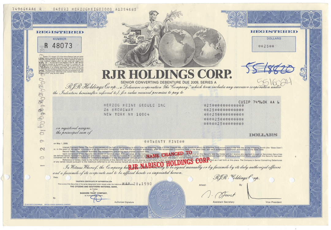 RJR Holdings Corp. Bond Certificate