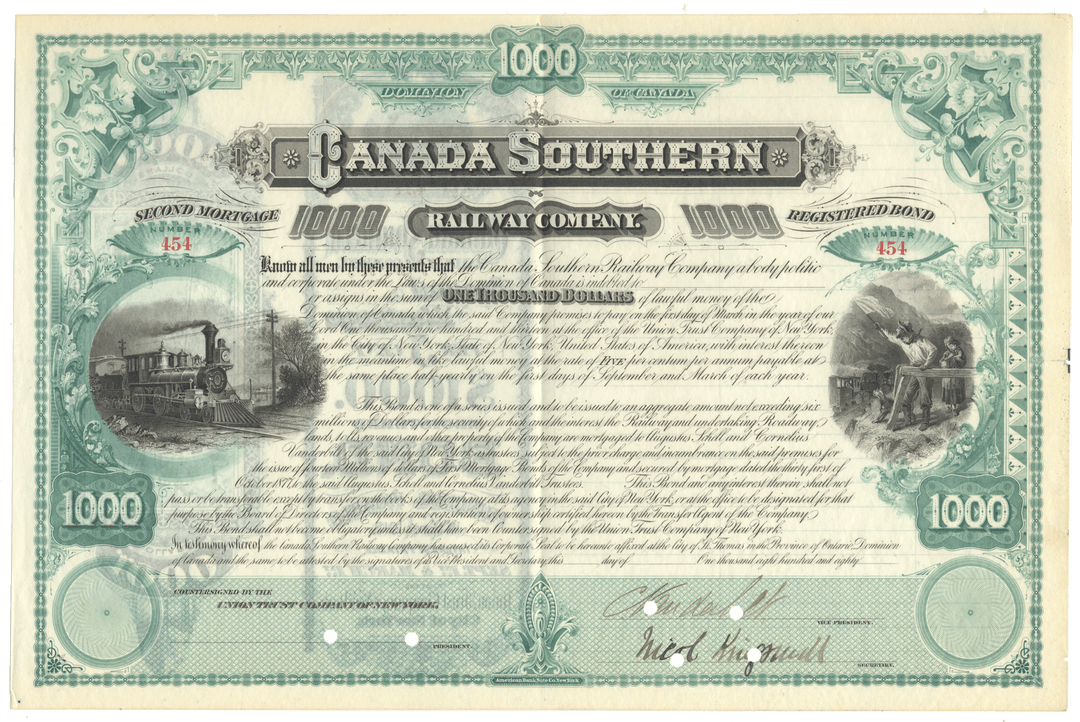 Hostorical bond certificate of the Canada Southern Railway Company signed by Cornelius Vanderbilt II.
