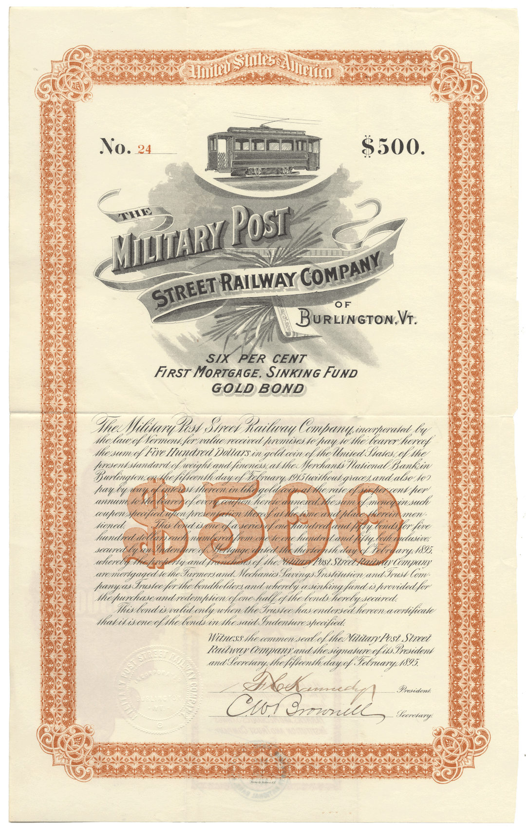 Military Post Street Railway Company Bond Certificate
