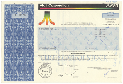 Atari Corporation Stock Certificate