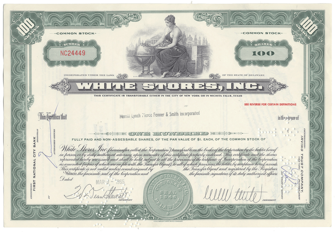 Vintage stock certificate of White Stores, Inc. with decorative elements and text.