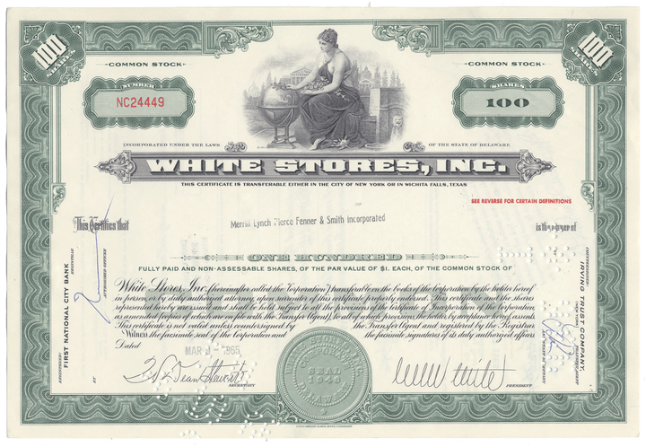 Vintage stock certificate of White Stores, Inc. with decorative elements and text.