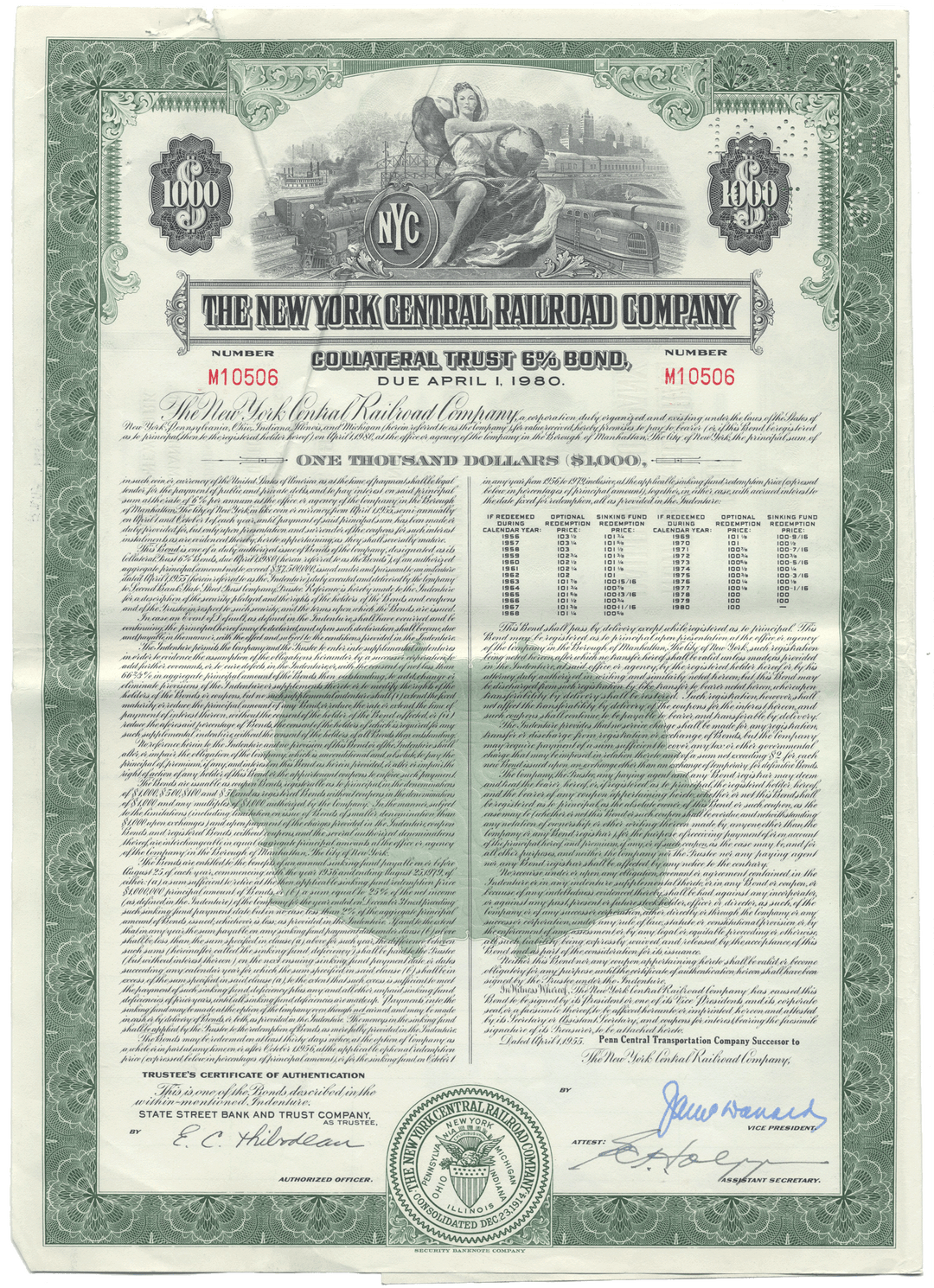 The New York Central Railroad Company bond certificate