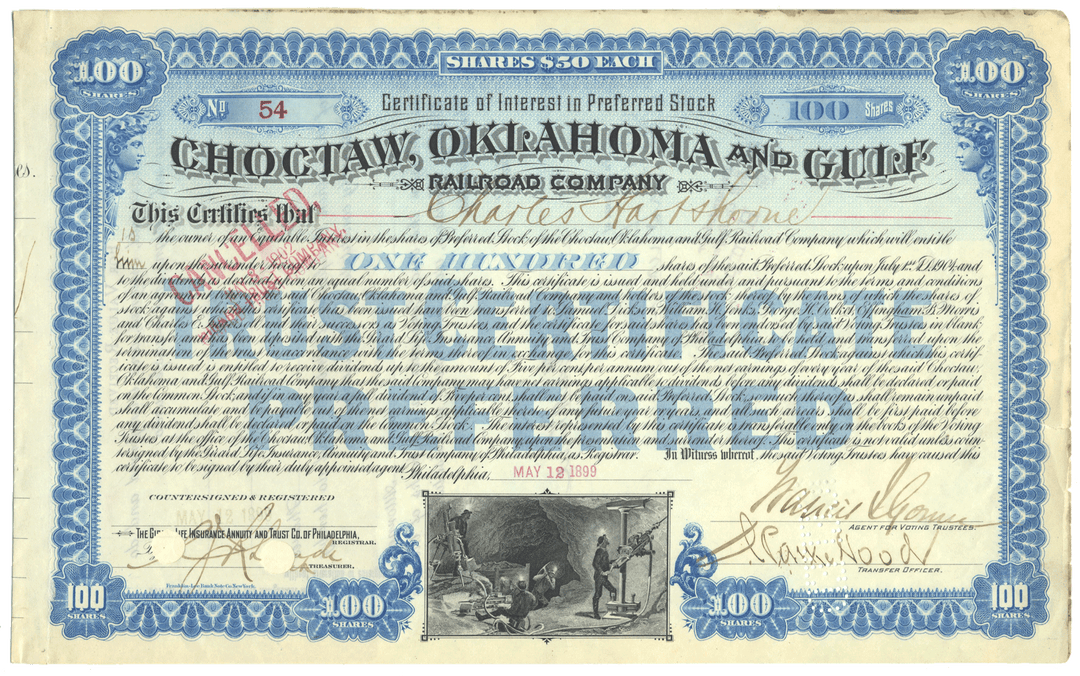 Vintage Choctaw, Oklahoma and Gulf Railroad Company stock certificate