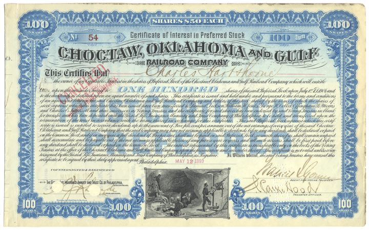 Vintage Choctaw, Oklahoma and Gulf Railroad Company stock certificate