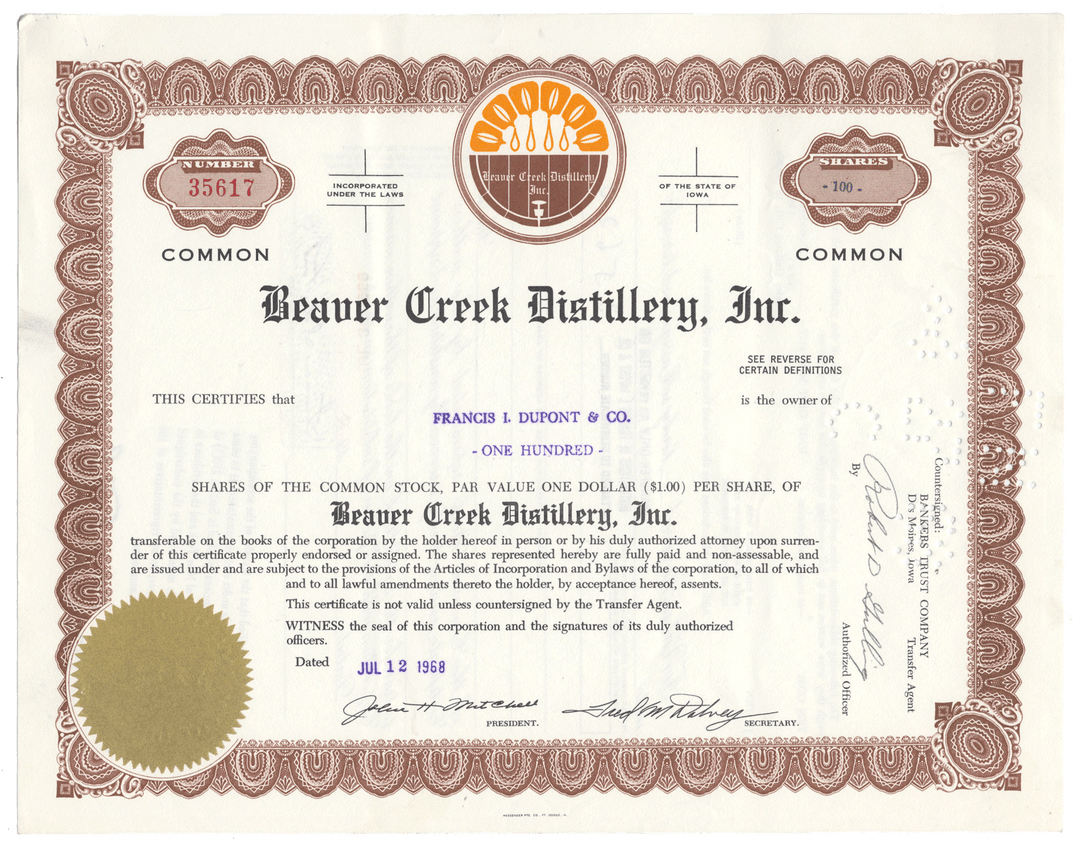 Beaver Creek Distillery, Inc. Stock Certificate