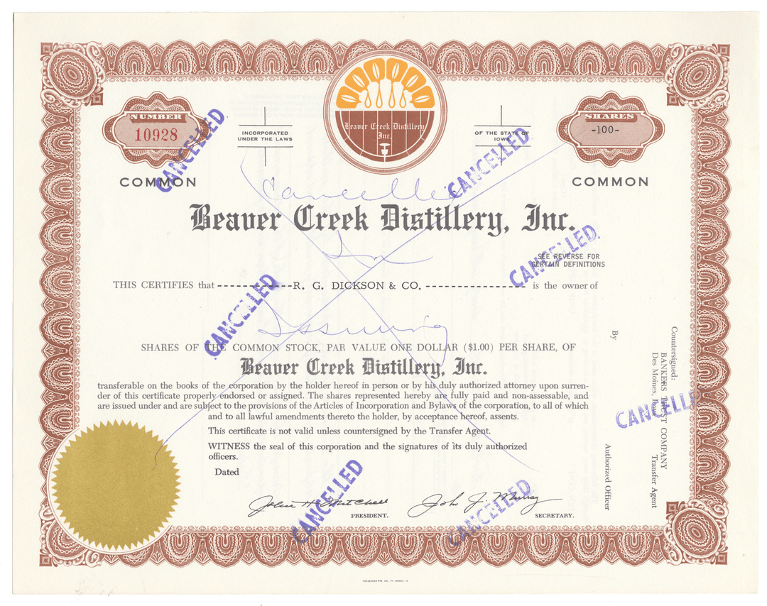 Beaver Creek Distillery, Inc. Stock Certificate