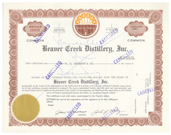 Beaver Creek Distillery, Inc. Stock Certificate