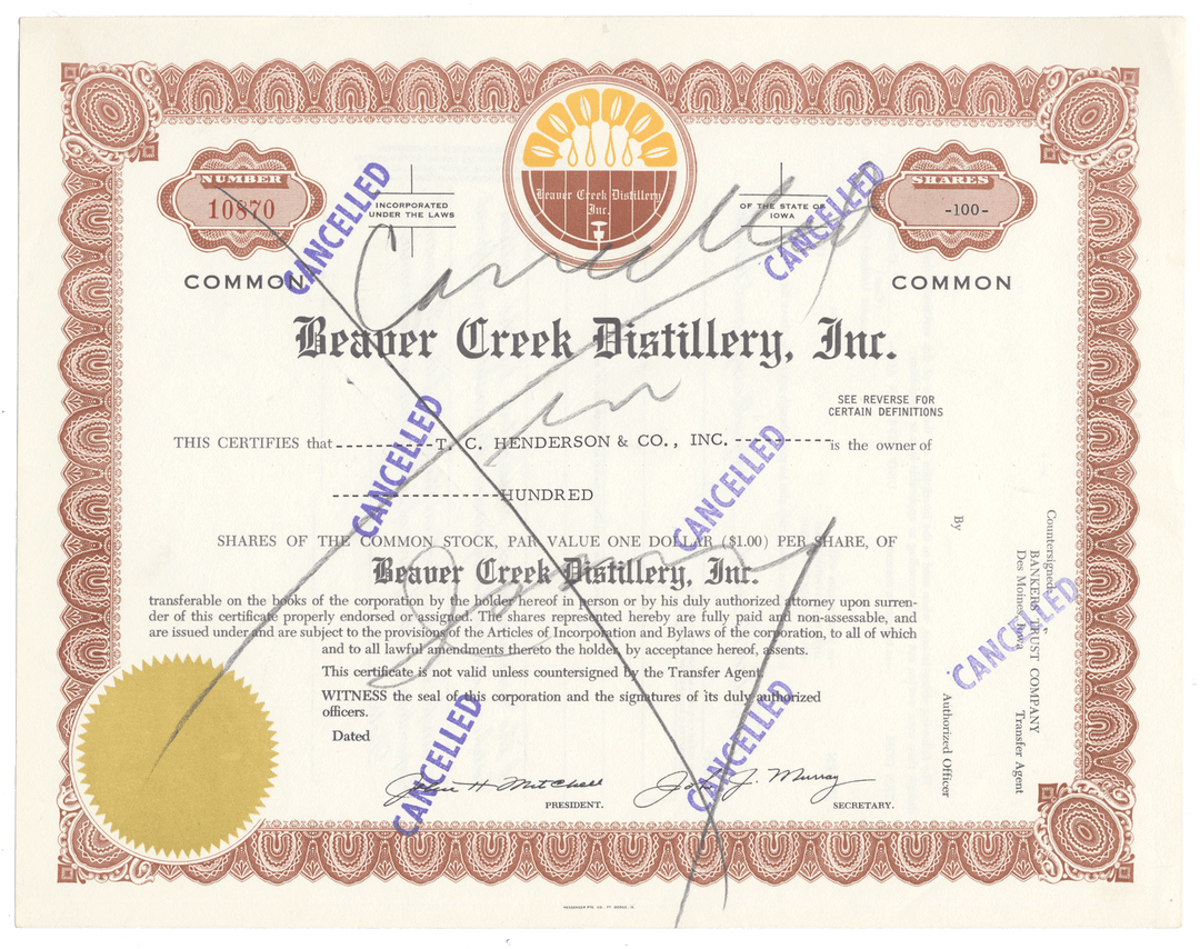 Beaver Creek Distillery, Inc. Stock Certificate