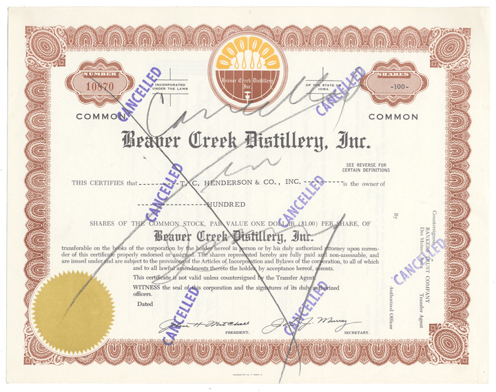 Beaver Creek Distillery, Inc. Stock Certificate