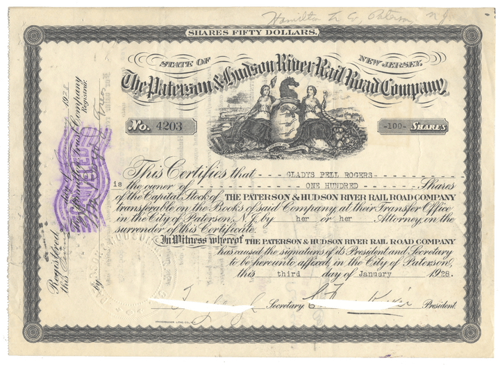 Paterson & Hudson River Rail Road Company Stock Certificate