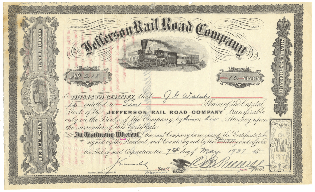 Historical stock certificate of the Jefferson Rail Road Company with a train illustration.