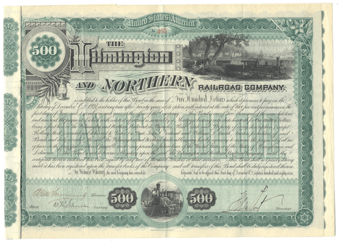 Wilmington and Northern Railroad Company Bond Certificate Signed by Henry A. duPont
