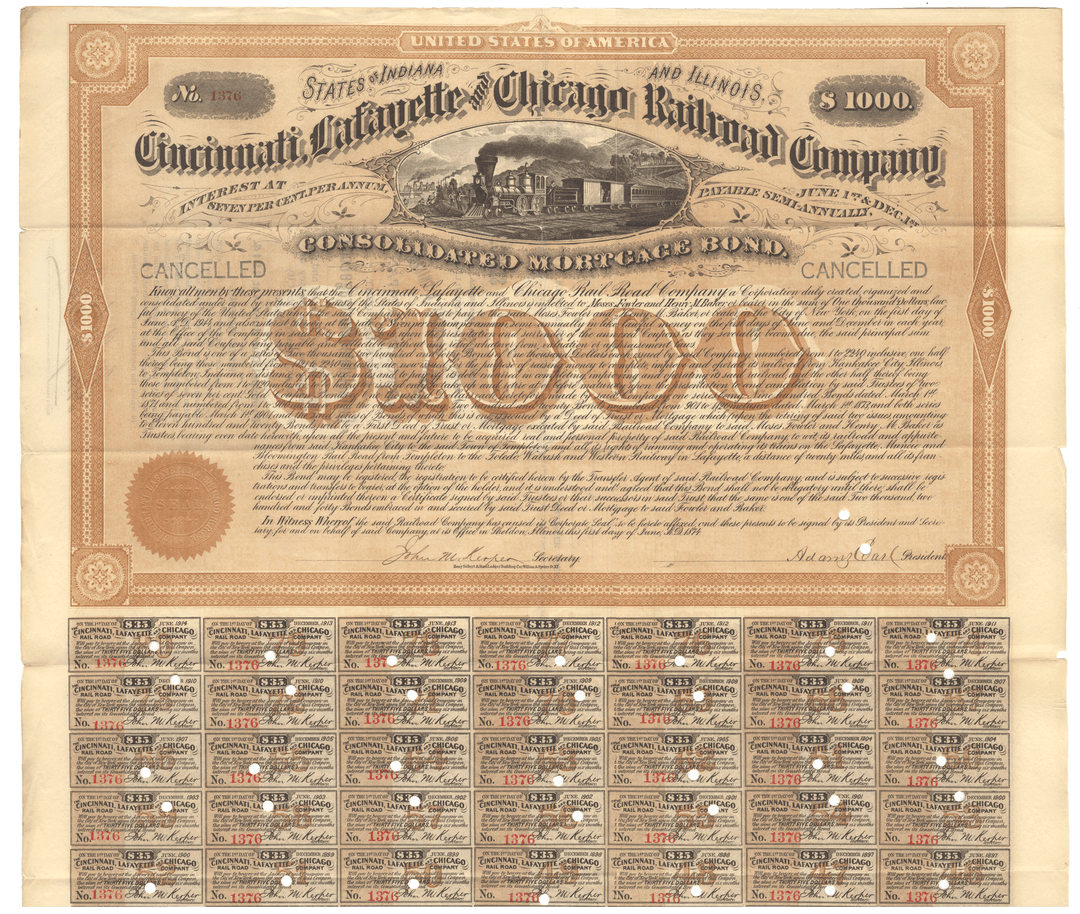 Cincinnati, Lafayette and Chicago Railroad Company Bond Certificate Signed by Adams Earl