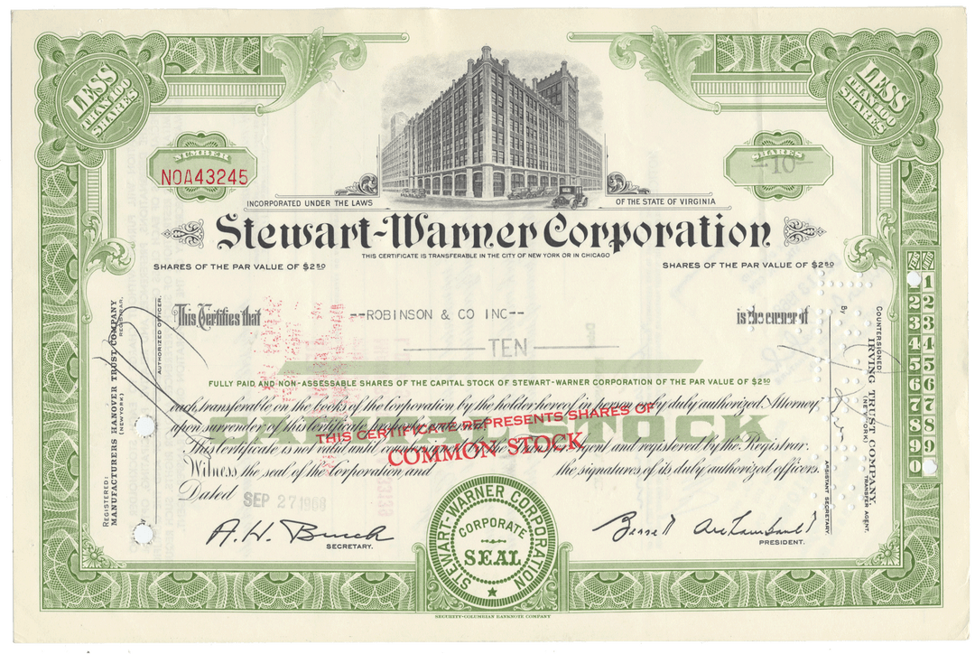 Stewart-Warner Corporation stock certificate with green border and building illustration.