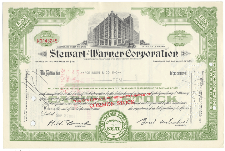 Stewart-Warner Corporation stock certificate with green border and building illustration.
