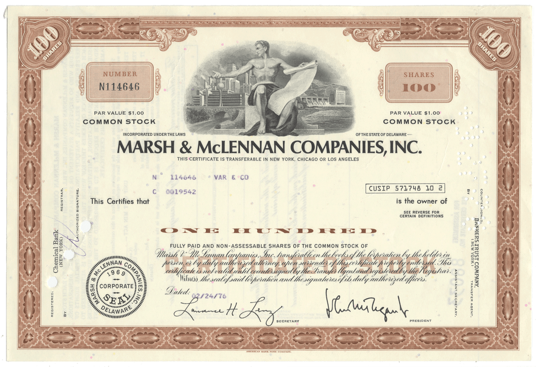 Vintage stock certificate from Marsh & McLennan Companies, Inc.